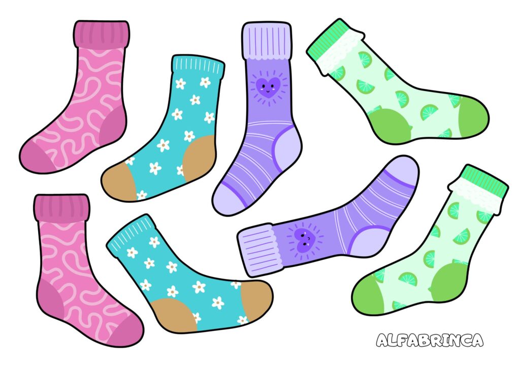 Encontre os pares de meia - Atividade de pareamento pronta para imprimir - Alfabrinca