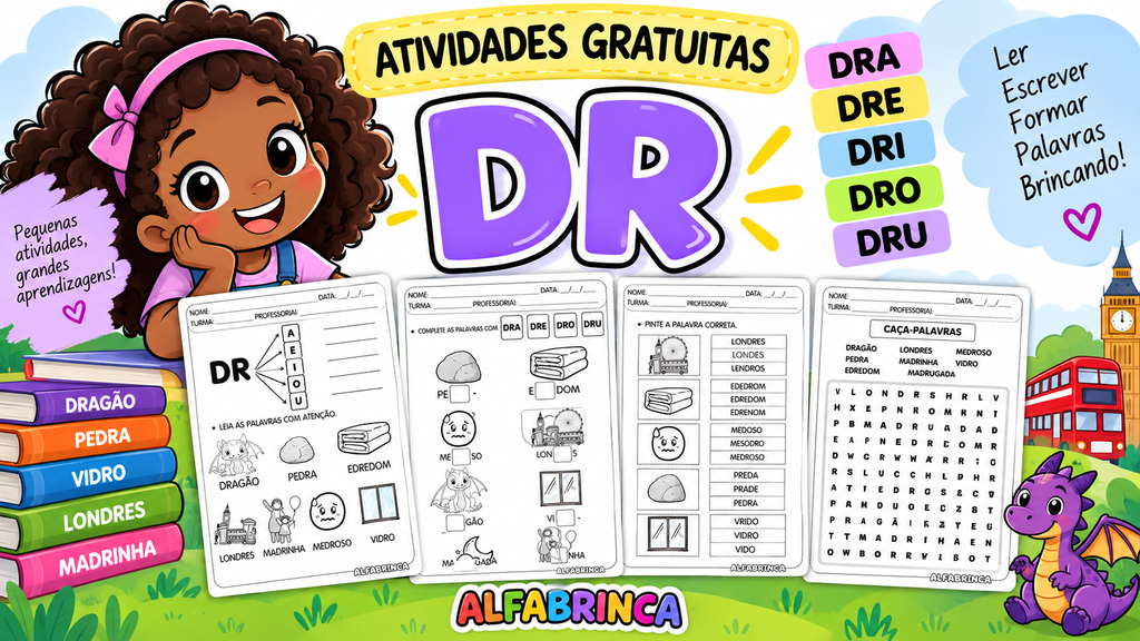 Atividades com DR para alfabetização e impressão. Trabalhe DRA, DRE, DRI, DRO e DRU com leitura, escrita, caça-palavras e ditado recortado.