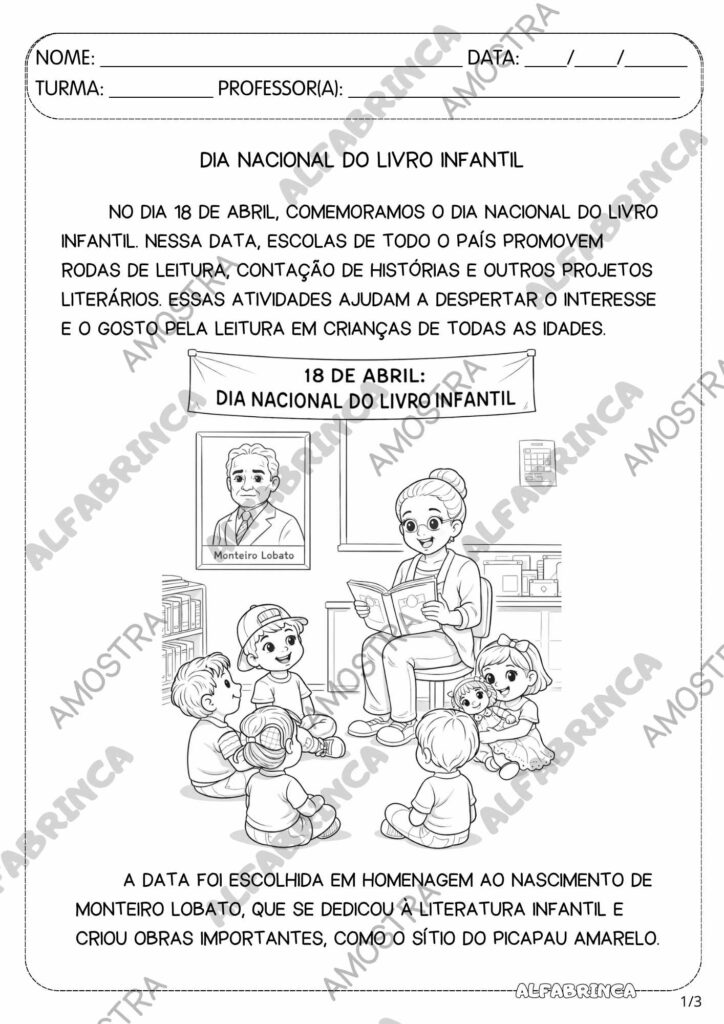 Kit Dia Nacional do Livro Infantil – Atividades + Lembrancinha 3D + Painel (PDF Imprimível)