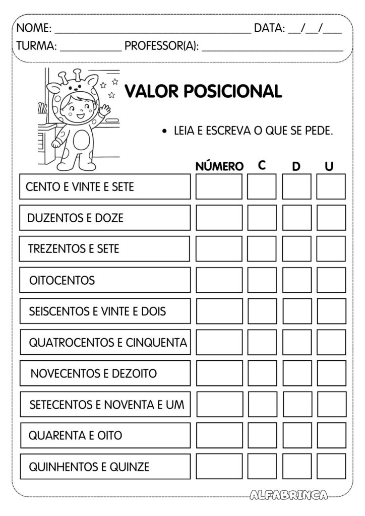 Valor Posicional (Centena, Dezena e Unidade) - Pronto para imprimir - Download gratuito