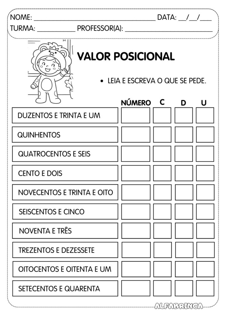 Valor Posicional (Centena, Dezena e Unidade) - Pronto para imprimir - Download gratuito