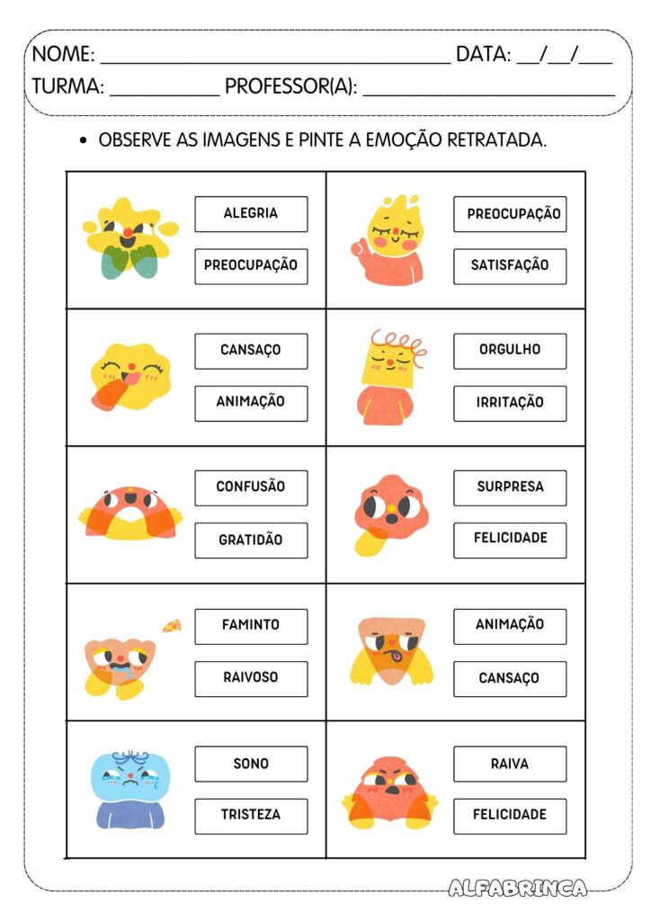 Conjunto de Atividades - Emoções e Sentimentos (PDF gratuito para imprimir)