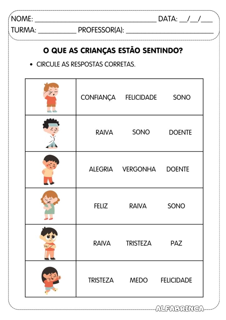Conjunto de Atividades - Emoções e Sentimentos (PDF gratuito para imprimir)