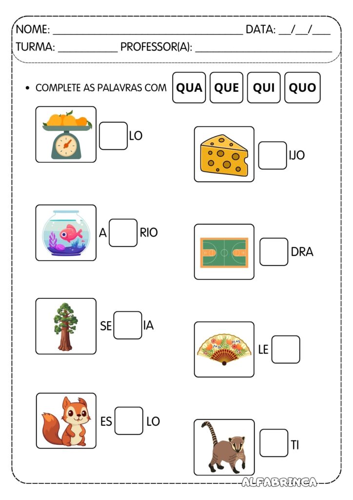 Palavras com QU – Atividades de Alfabetização para Imprimir - Download gratuito