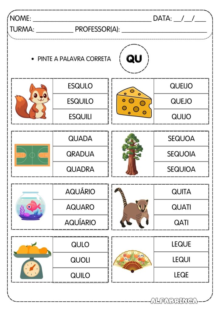 Palavras com QU – Atividades de Alfabetização para Imprimir - Download gratuito