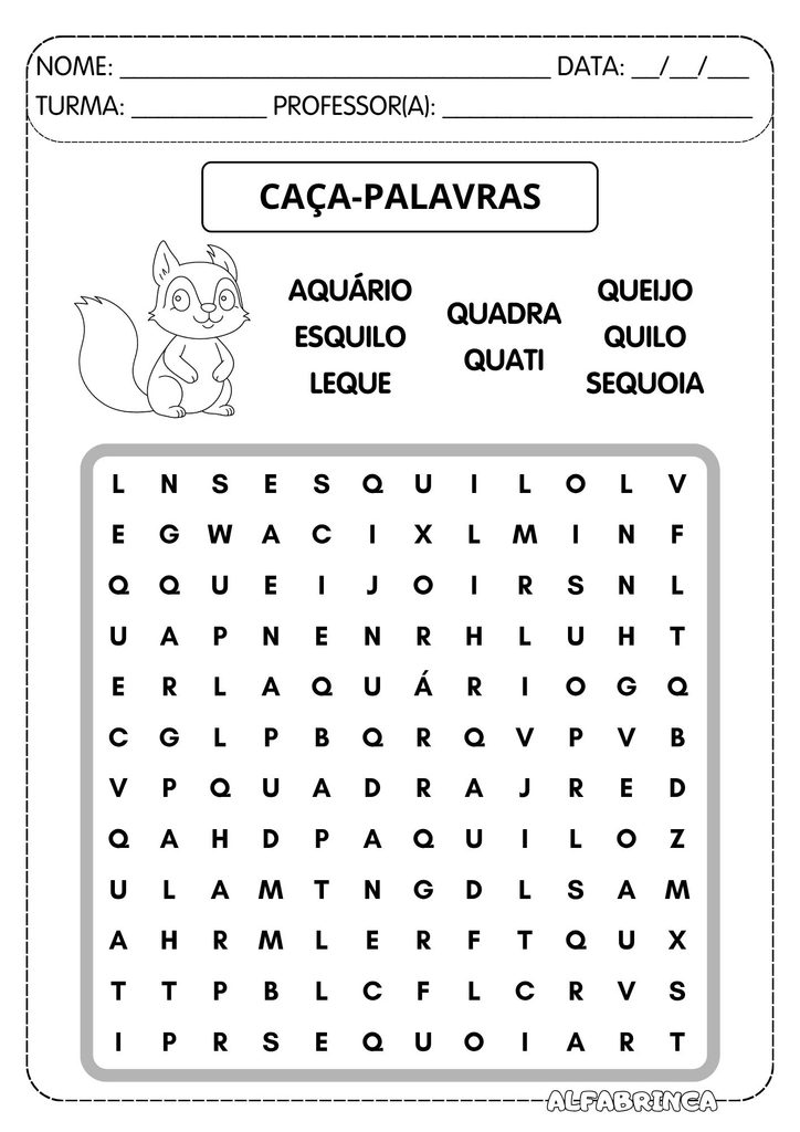 Caça palavras - Atividades com QU para Alfabetização – Sílabas Complexas