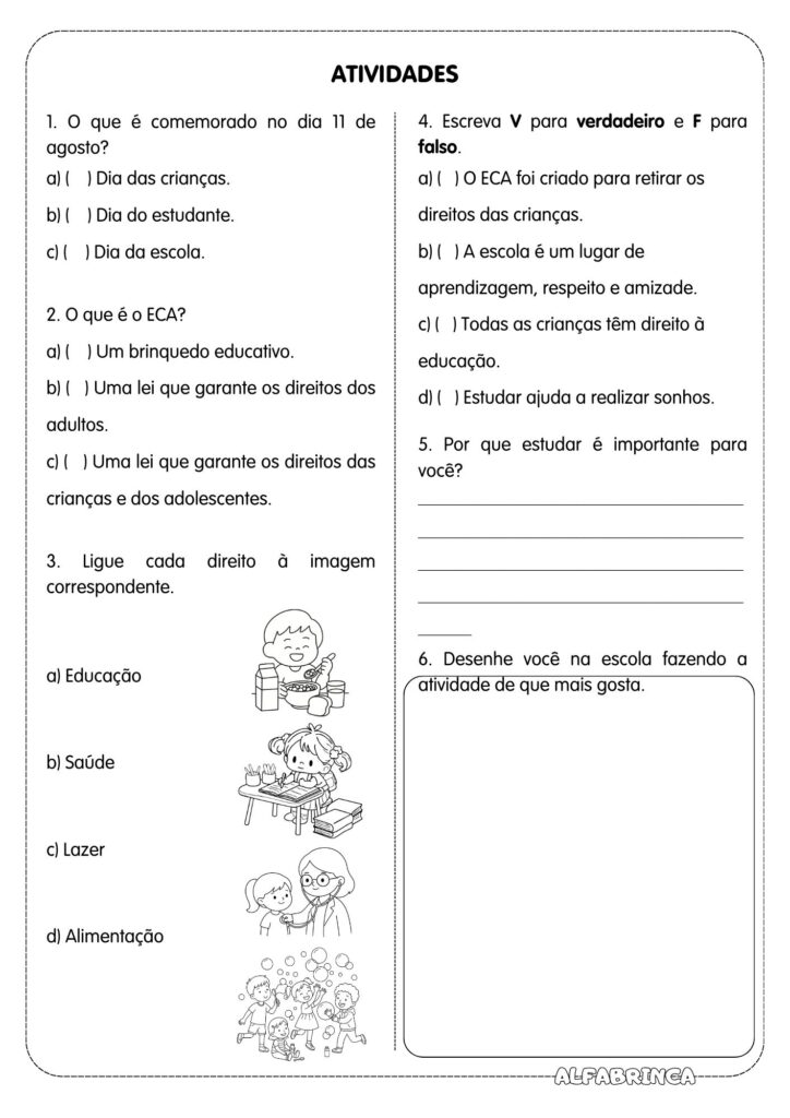 Atividade sobre o Dia do Estudante para os anos iniciais. O material inclui texto informativo, interpretação e curiosidade sobre o ECA. Download gratuito. Alfabrinca
