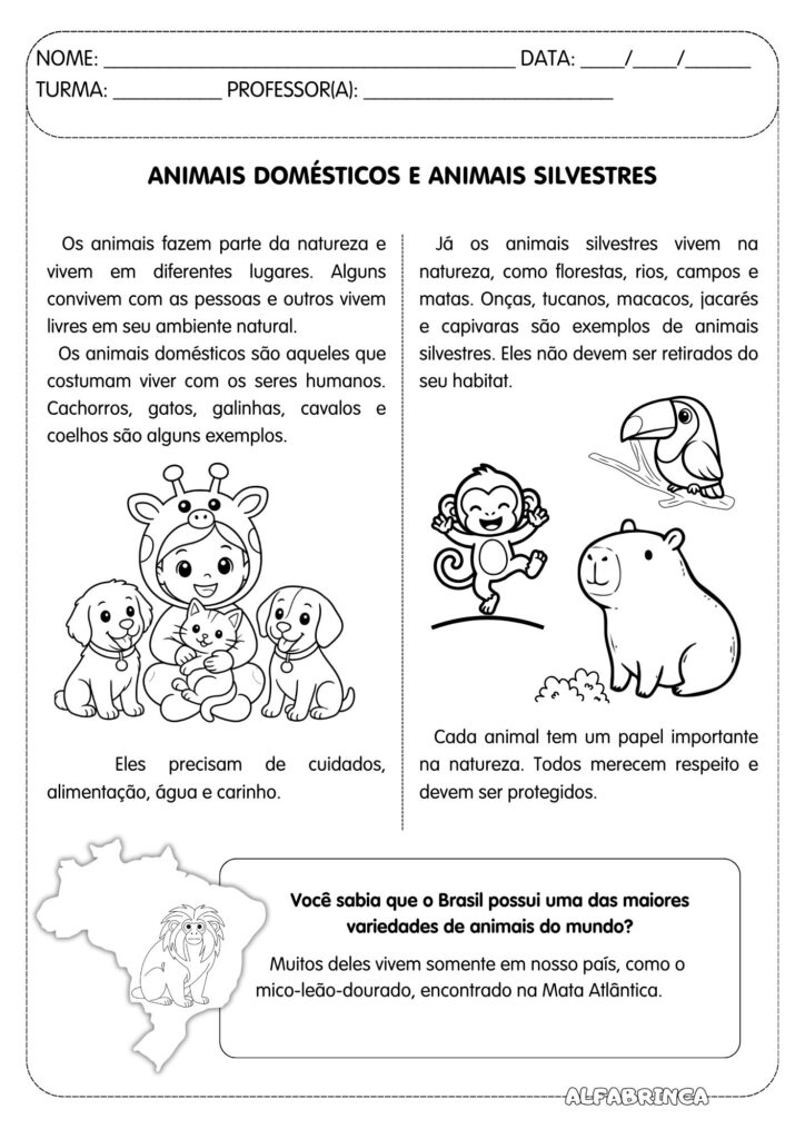 Baixe gratuitamente uma atividade de Ciências sobre animais domésticos e animais silvestres. O material inclui texto informativo e atividades