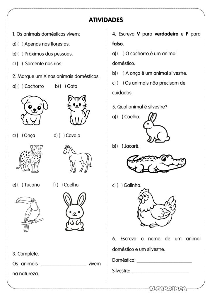 Baixe gratuitamente uma atividade de Ciências sobre animais domésticos e animais silvestres. O material inclui texto informativo e atividades