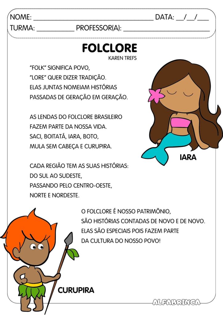 Sequência didática Alfabrinca sobre o Folclore Brasileiro para alfabetização. Texto original +  atividades para desenvolver leitura e escrita. Download gratuito.