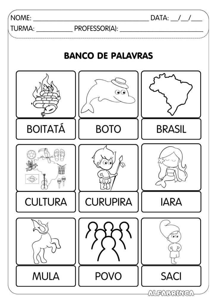 Sequência didática Alfabrinca sobre o Folclore Brasileiro para alfabetização. Texto original +  atividades para desenvolver leitura e escrita. Download gratuito.
