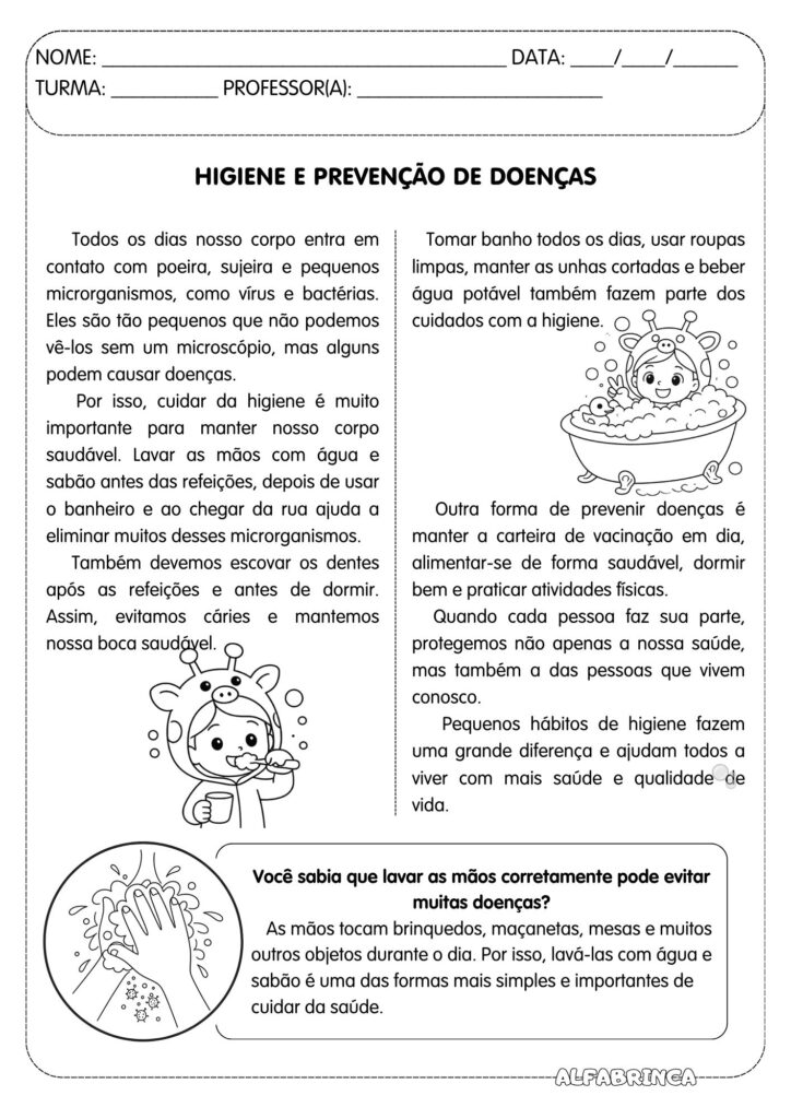 Higiene e prevenção de doenças - Atividade para imprimir - Alfabrinca