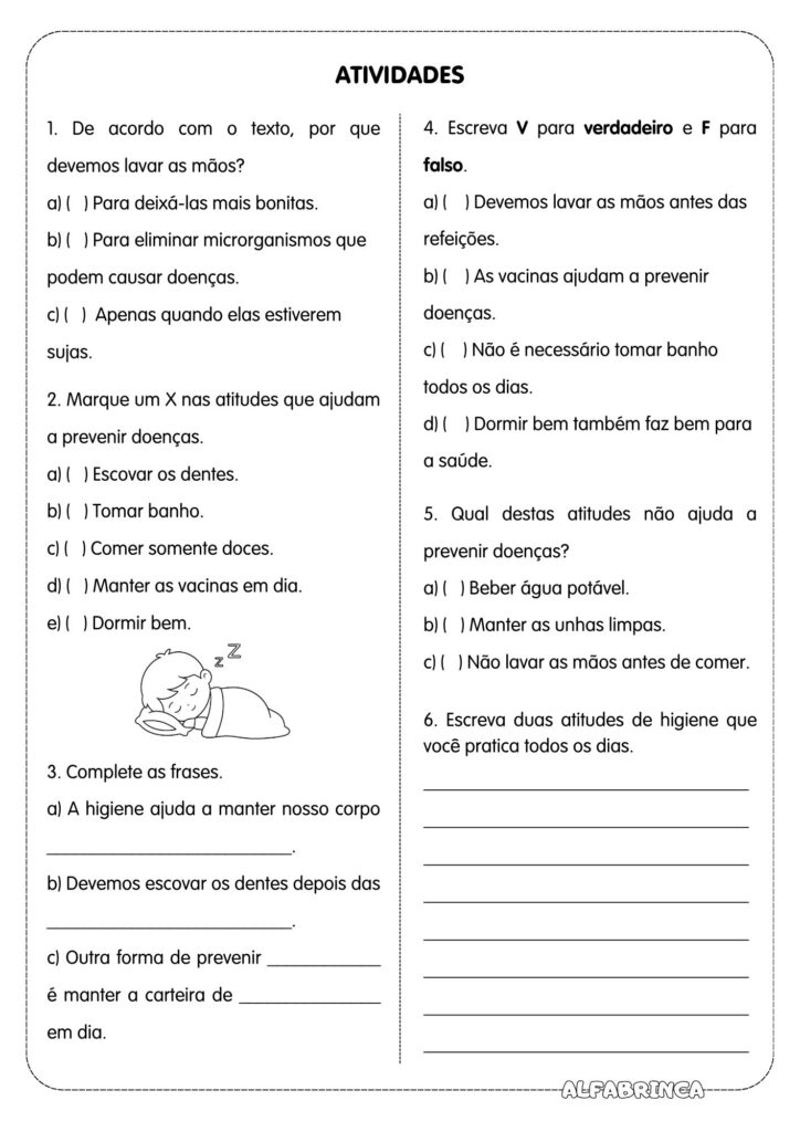 Higiene e prevenção de doenças - Atividade para imprimir - Alfabrinca