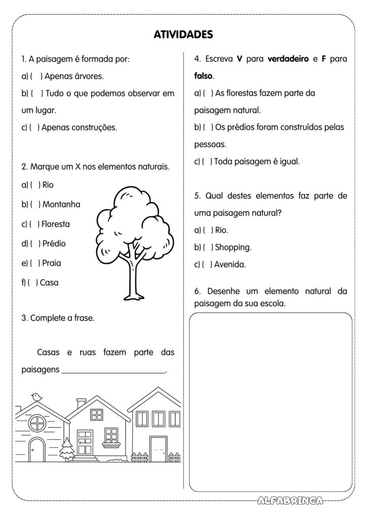 Baixe gratuitamente uma atividade de Geografia sobre paisagens naturais e modificadas. Texto + atividades + paisagens para colorir. Alfabrinca