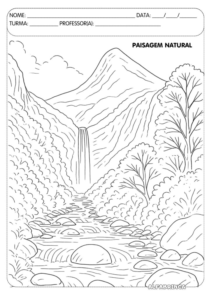 Baixe gratuitamente uma atividade de Geografia sobre paisagens naturais e modificadas. Texto + atividades + paisagens para colorir. Alfabrinca