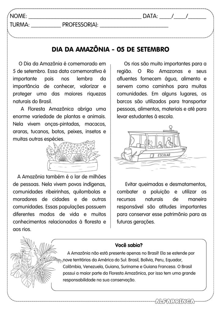 Texto sobre o Dia da Amazônia com atividade de interpretação