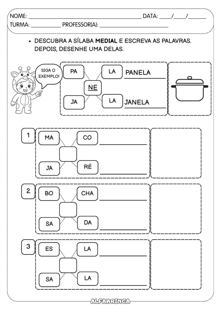 Baixe gratuitamente atividades com sílaba inicial, medial e final para alfabetização. Amostra do material Aprendendo com as Sílabas. Alfabrinca