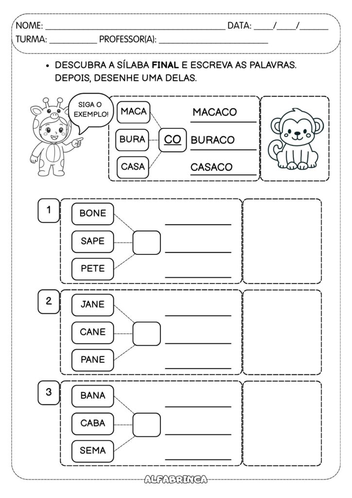 Baixe gratuitamente atividades com sílaba inicial, medial e final para alfabetização. Amostra do material Aprendendo com as Sílabas. Alfabrinca