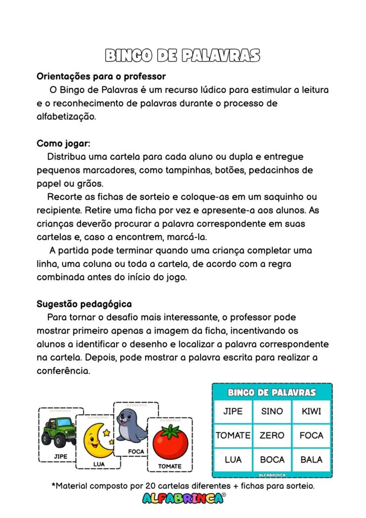 Bingo de palavras para alfabetização com 20 cartelas diferentes e fichas ilustradas para sorteio. Alfabrinca