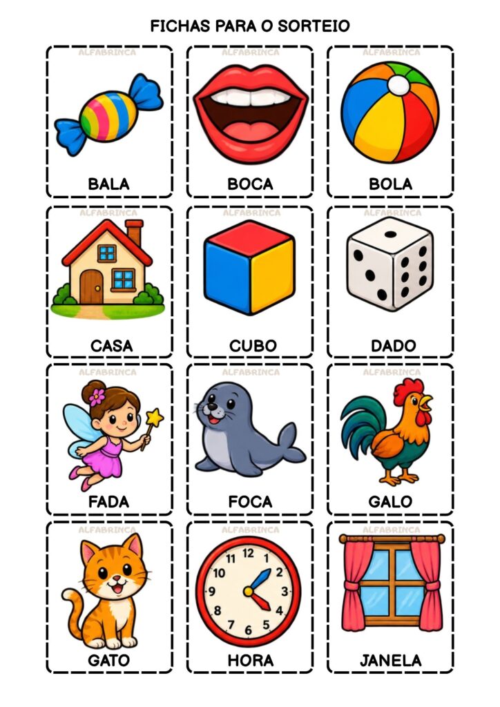 Bingo de palavras para alfabetização com 20 cartelas diferentes e fichas ilustradas para sorteio. Alfabrinca