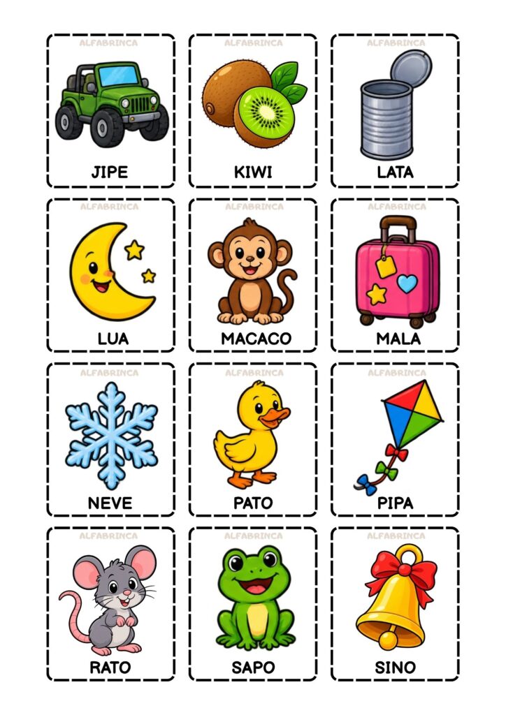 Bingo de palavras para alfabetização com 20 cartelas diferentes e fichas ilustradas para sorteio. Alfabrinca