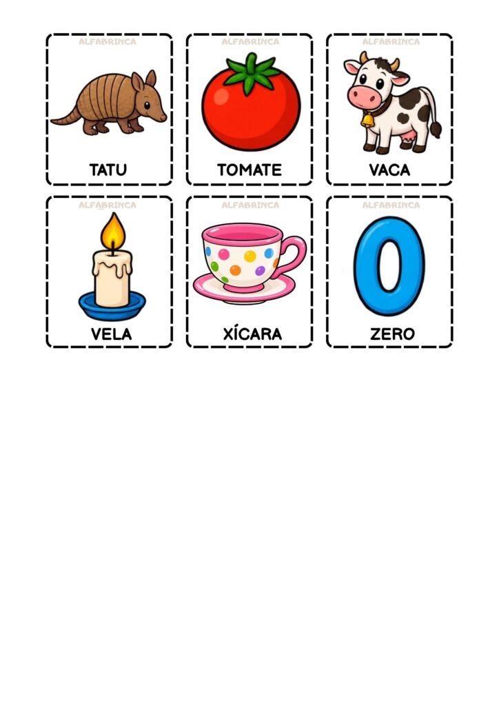 Bingo de palavras para alfabetização com 20 cartelas diferentes e fichas ilustradas para sorteio. Alfabrinca