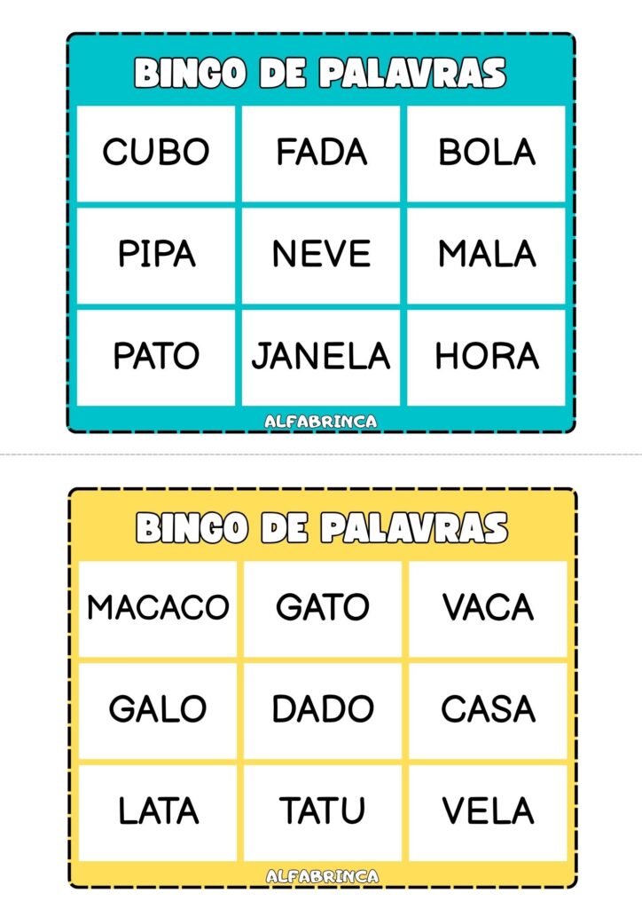 Bingo de palavras para alfabetização com 20 cartelas diferentes e fichas ilustradas para sorteio. Alfabrinca