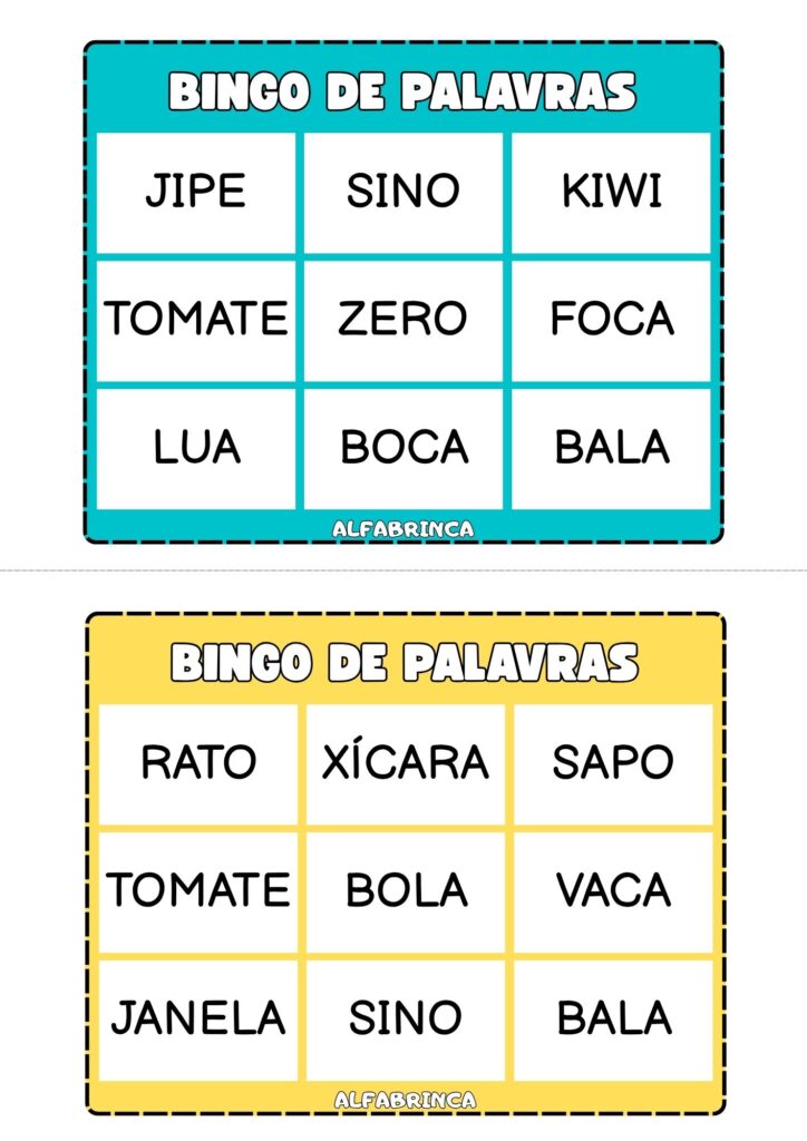 Bingo de palavras para alfabetização com 20 cartelas diferentes e fichas ilustradas para sorteio. Alfabrinca