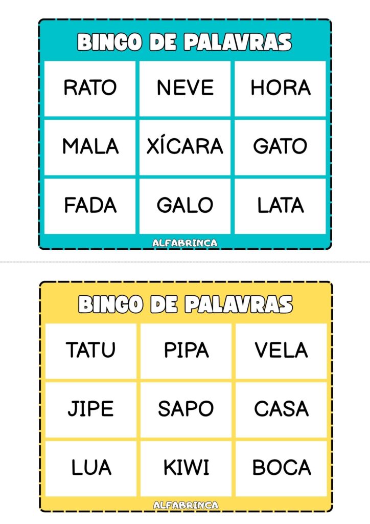 Bingo de palavras para alfabetização com 20 cartelas diferentes e fichas ilustradas para sorteio. Alfabrinca