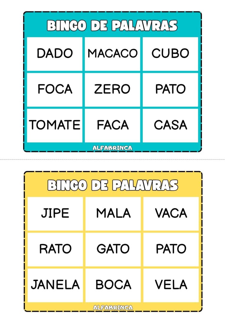 Bingo de palavras para alfabetização com 20 cartelas diferentes e fichas ilustradas para sorteio. Alfabrinca