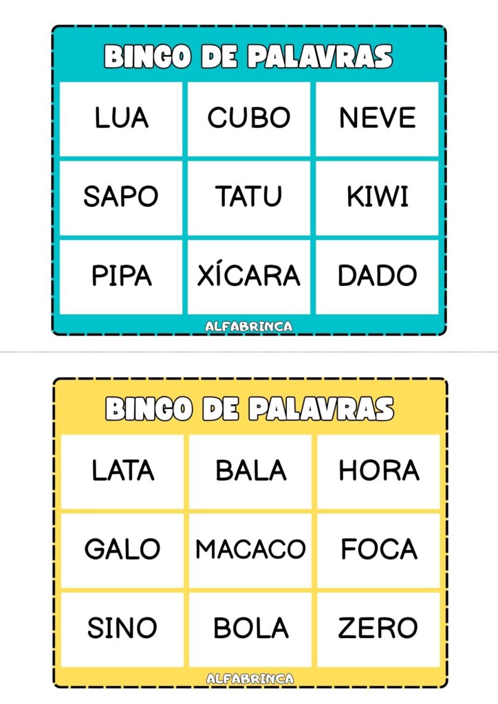 Bingo de palavras para alfabetização com 20 cartelas diferentes e fichas ilustradas para sorteio. Alfabrinca