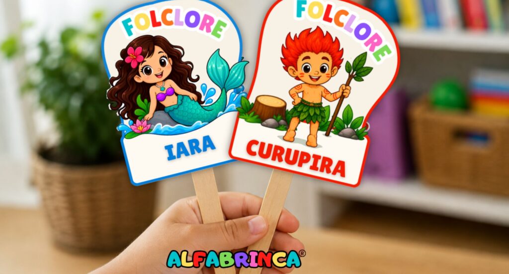 Baixe gratuitamente palitoches do Folclore para imprimir com Iara, Curupira, Cuca, Boitatá, Boto-cor-de-rosa e outros personagens.