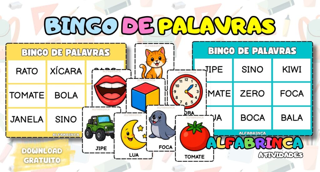 Bingo de palavras para alfabetização com 20 cartelas diferentes e fichas ilustradas para sorteio. Alfabrinca