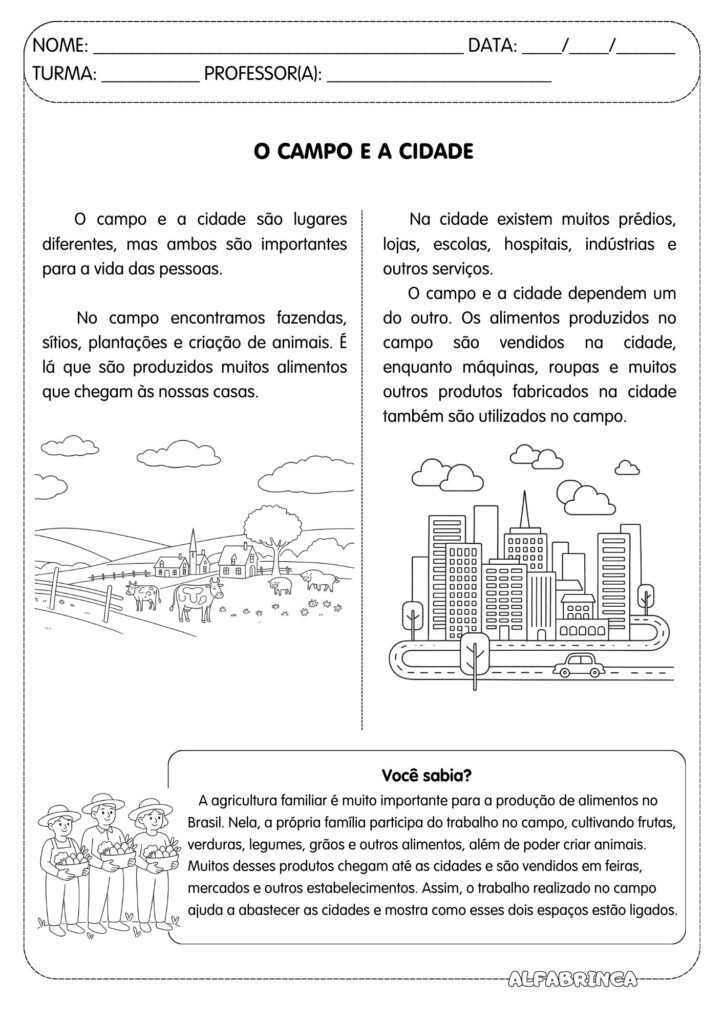 O Campo e a Cidade – Atividade de Geografia para imprimir - Alfabrinca