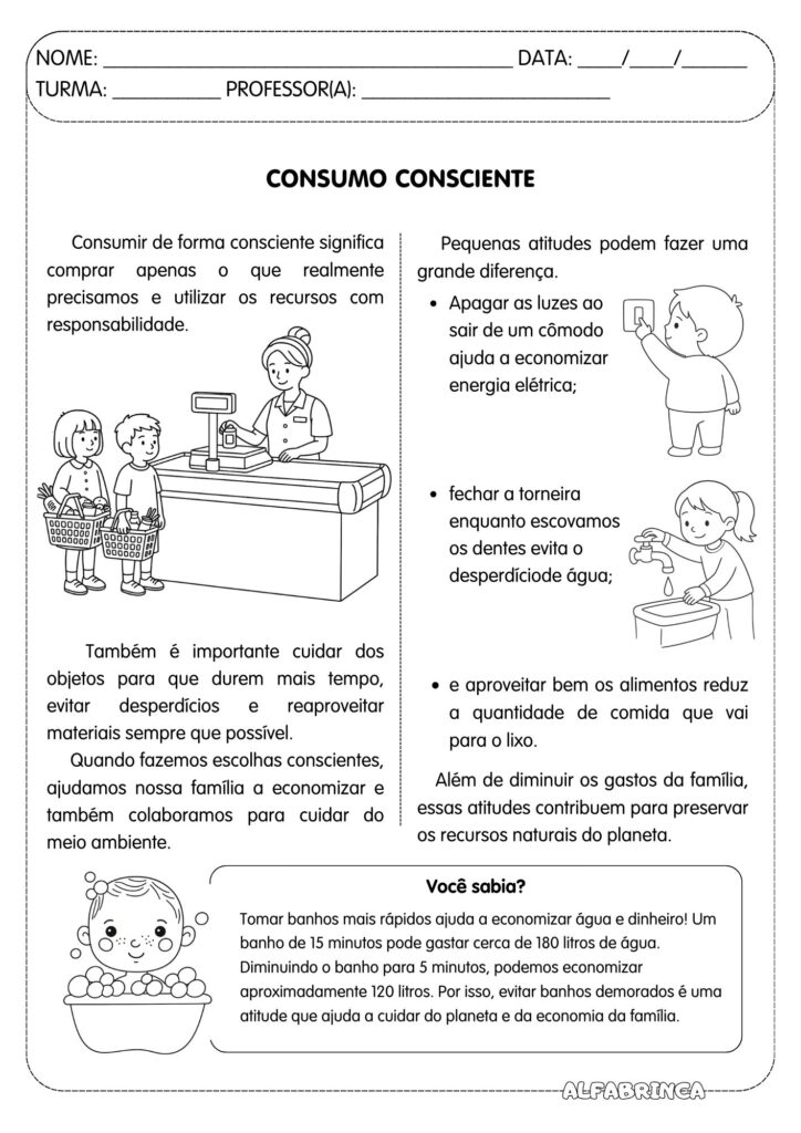 Consumo consciente - Educação para o Consumo - Atividade pronta para imprimir - Alfabrinca