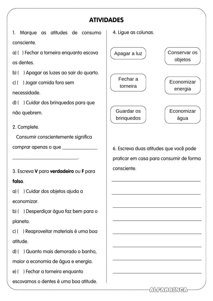 Consumo consciente - Educação para o Consumo - Atividade pronta para imprimir - Alfabrinca