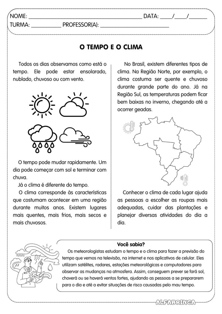 O Tempo e o Clima – Atividade de Geografia pronta para imprimir - Alfabrinca