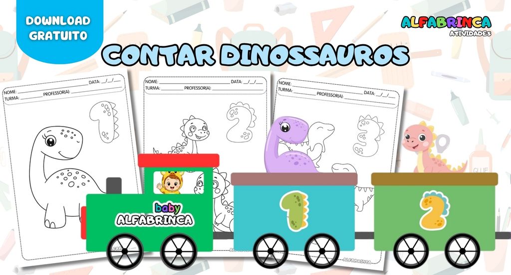 Atividade gratuita com números de 1 a 10 e dinossauros para colorir. Trabalhe contagem e relação entre número e quantidade de forma divertida.