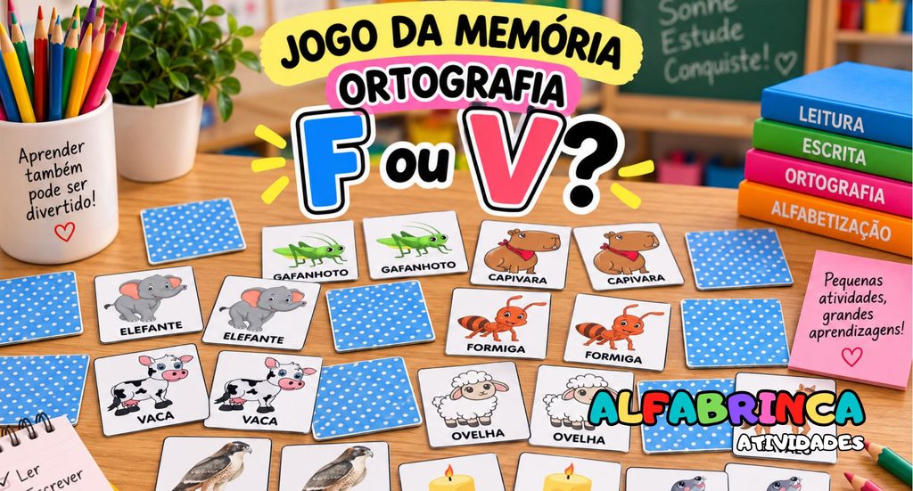 Jogo da memória com atividades de ortografia F ou V para alfabetização.
