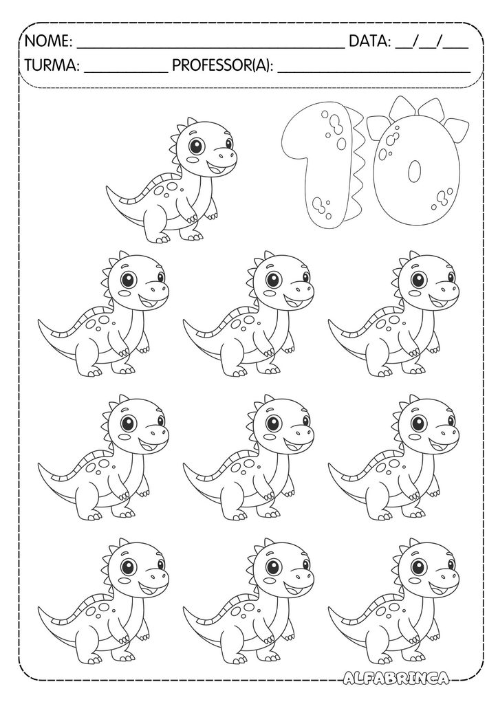 Atividade números de 1 a 10 com dinossauros para contar e colorir – Alfabrinca