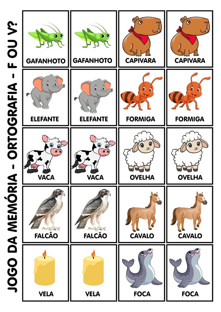 Jogo da memória com atividades de ortografia F ou V para alfabetização.