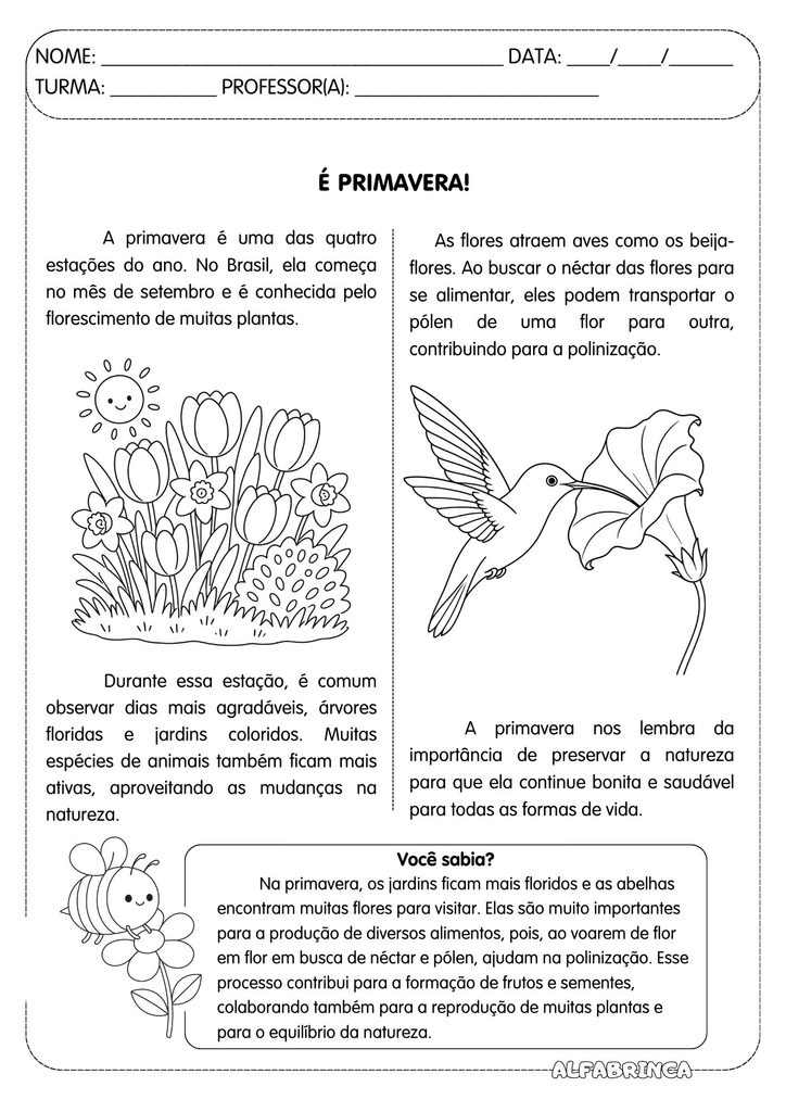 Atividades sobre a Primavera para imprimir e colorir – Alfabrinca