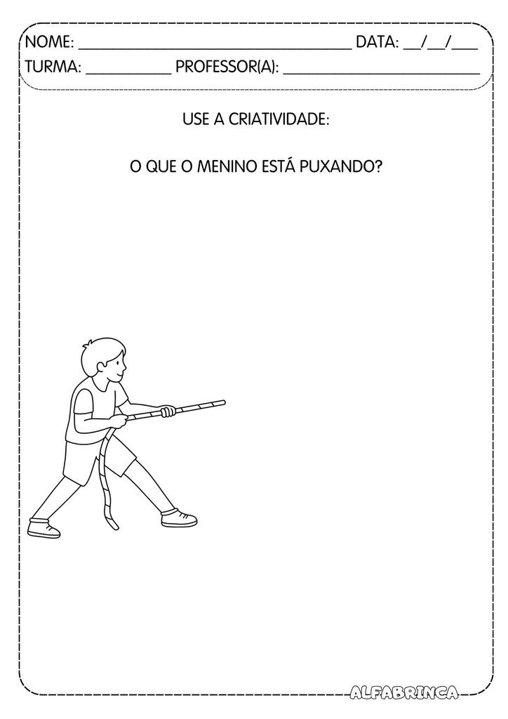 tividade de imaginação para completar o desenho do menino puxando