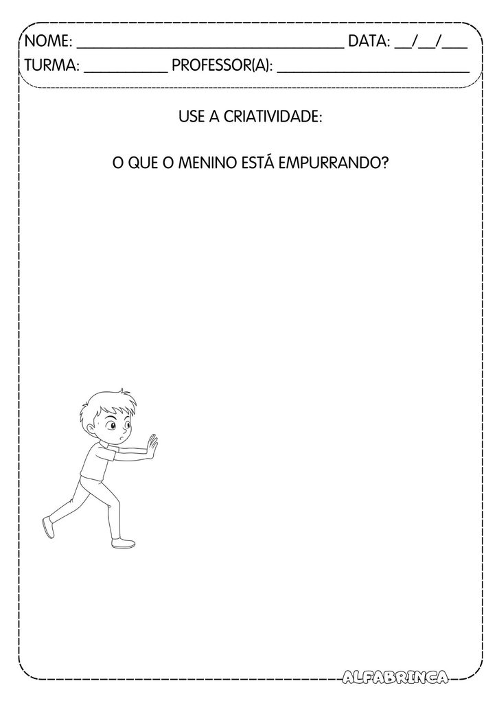 Atividade de imaginação para completar o desenho do menino empurrando
