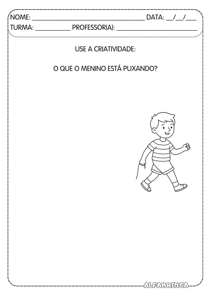 Atividade de imaginação para completar o desenho do menino puxando
