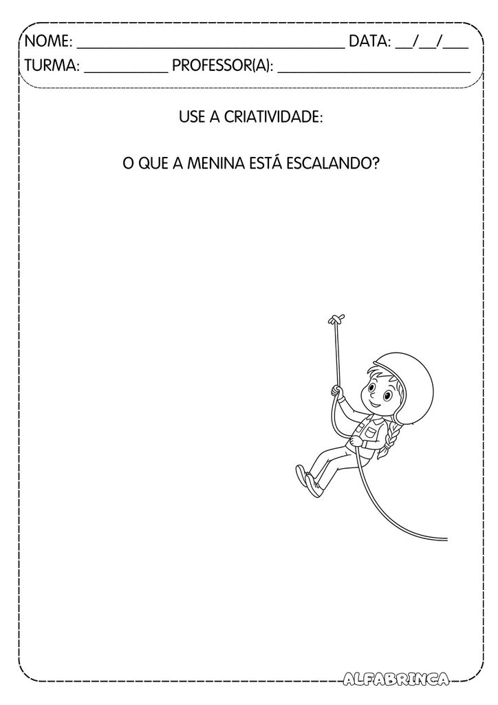 Atividade de imaginação para completar o desenho da menina escalando