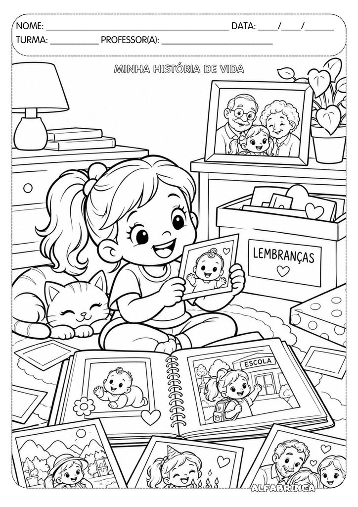 Desenho para colorir sobre história de vida e memórias – menina
