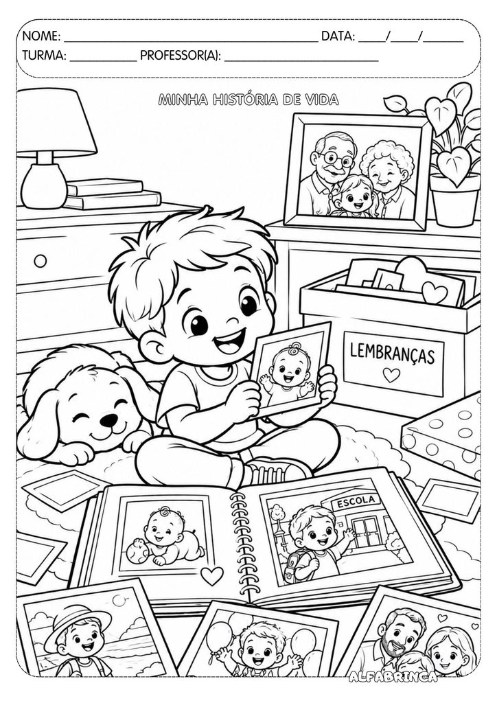Desenho para colorir sobre história de vida e memórias – menino