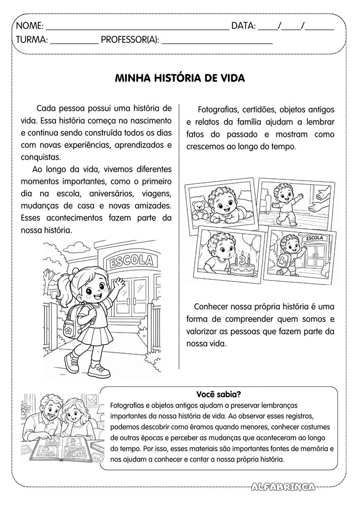 Atividade sobre história de vida para 1º e 2º ano