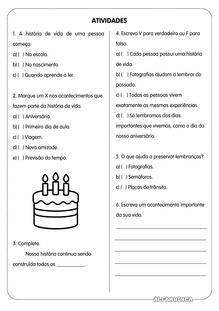 Atividades de História sobre história de vida para 1º e 2º ano